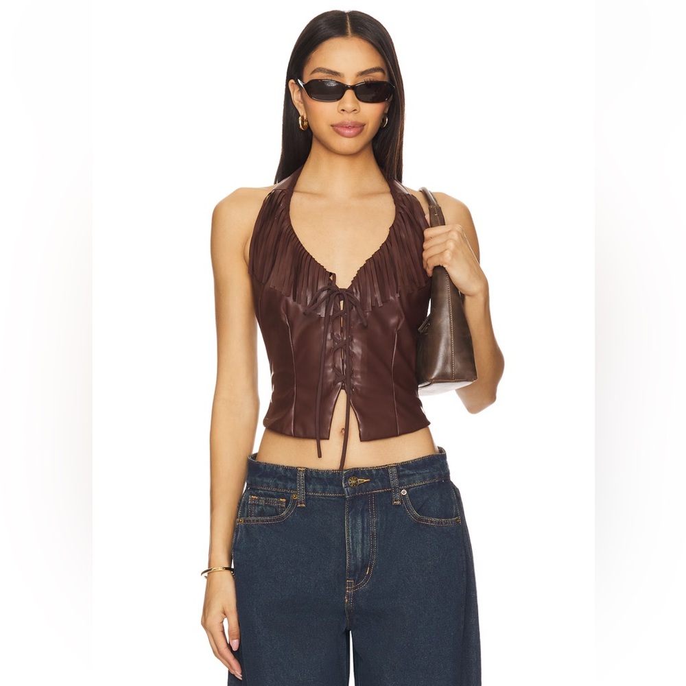 Superdown Kay Faux Leather Top Brown Size Small